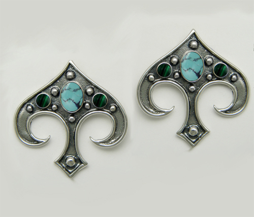 Sterling Silver Gothic Inspired Drop Dangle Earrings With Chinese Turquoise And Malachite